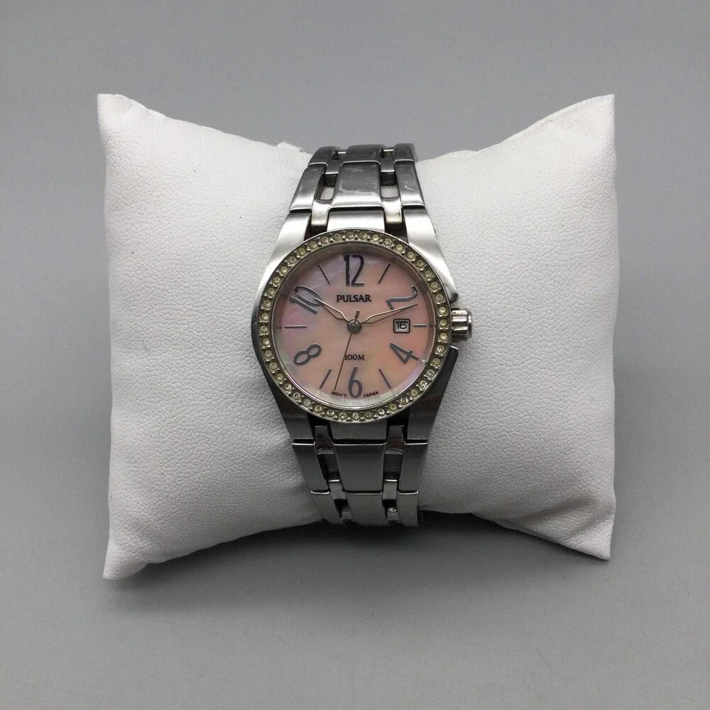 Pulsar Womens Watch 27mm Pink MOP Dial Crystal Bezel V8X2-X393 Date 6.25